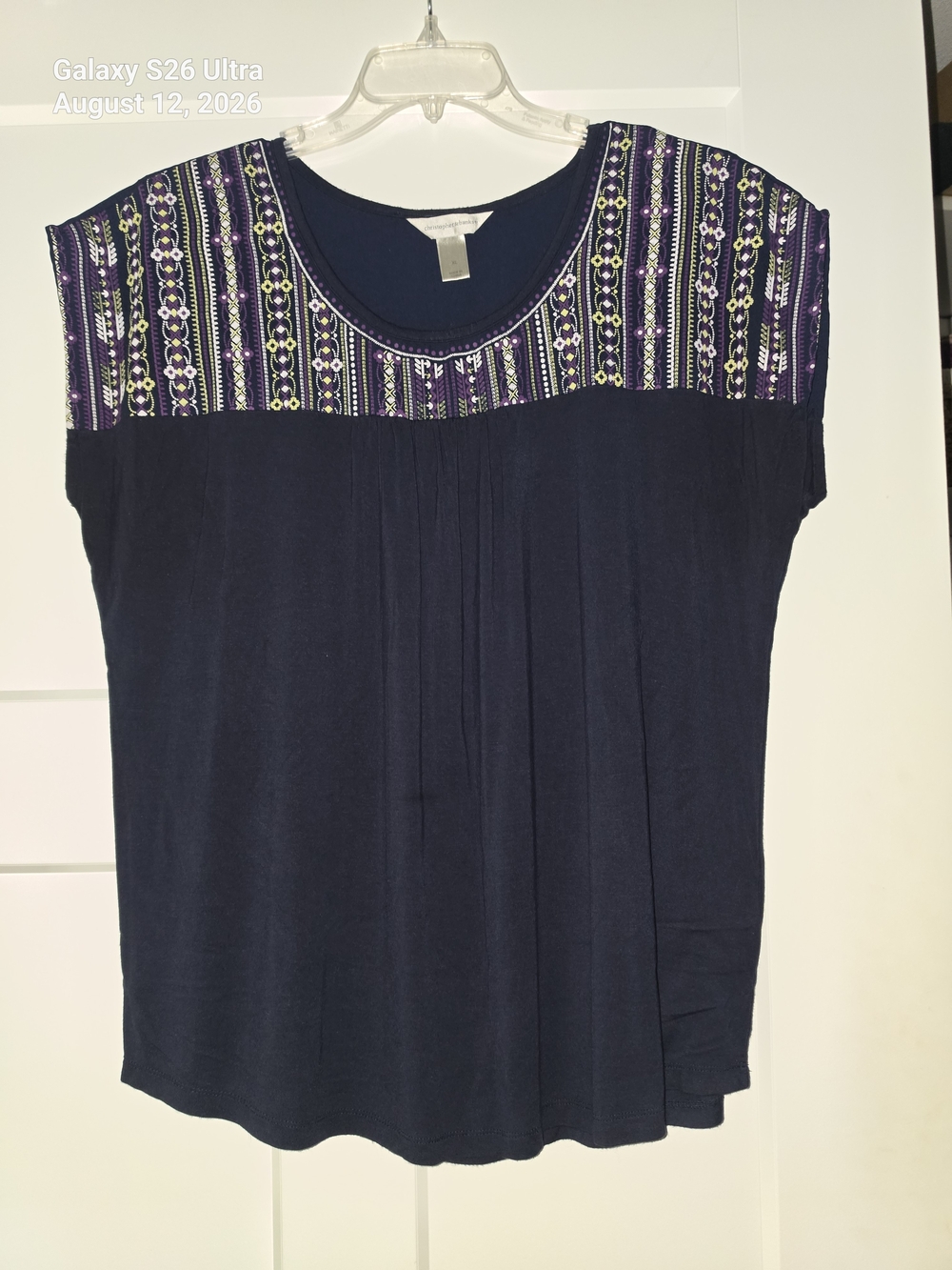 Christopher & Banks Navy Short Sleeve Top with Purple Embroidered Yoke